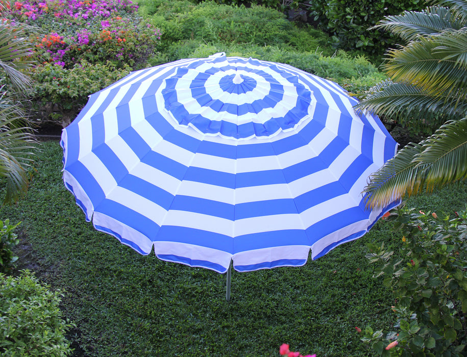 blue and white stripe patio umbrella Our Beach Umbrella 6ft 8-rib Printed Porcelain Base Recommendation Deluxe 8 ft Royal Blue