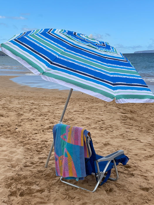 7 ft Brush Stroke Blue/Green Striped Beach Umbrella with Travel Bag