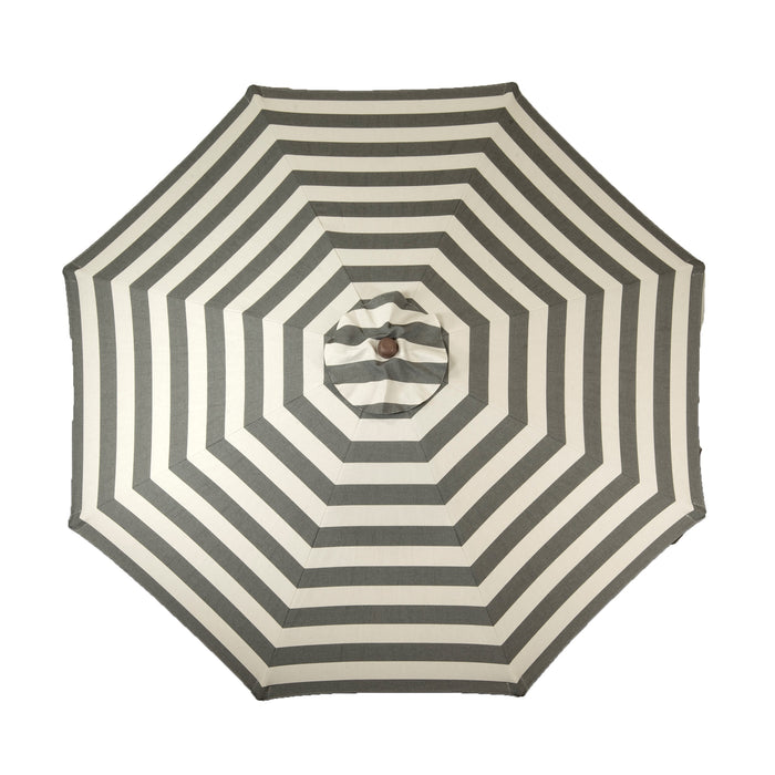 9 foot round hardwood patio umbrella in stripe 9 ft Classic Wood 9 ft Stripe Round Market Umbrella, Soft Black & Ivory