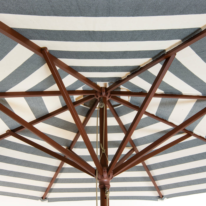 9 foot round hardwood patio umbrella in stripe 9 ft Classic Wood 9 ft Stripe Round Market Umbrella, Soft Black & Ivory