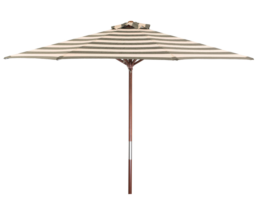 9 foot round hardwood patio umbrella in stripe 9 ft Classic Wood 9 ft Stripe Round Market Umbrella, Soft Black & Ivory